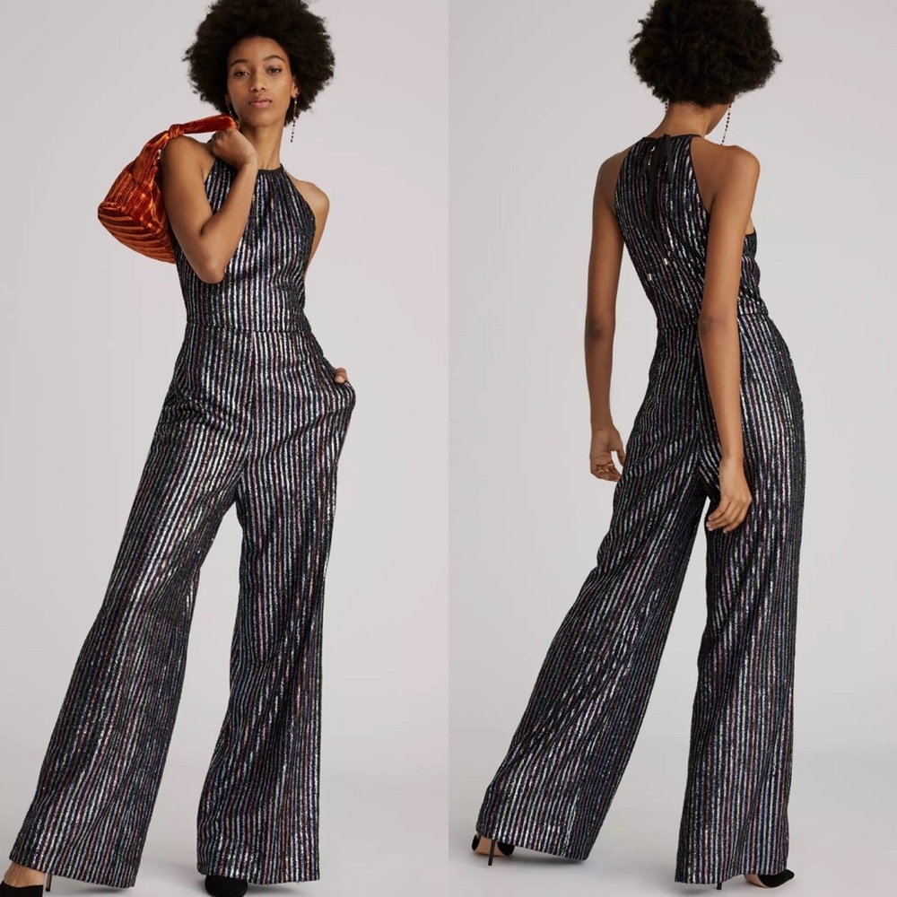 Anthropologie Black and Silver Striped Jumpsuit, Sequins, size 14.